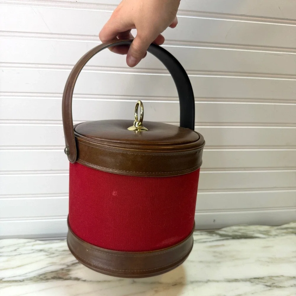 Vintage Ice Bucket Red Fabric Brown Vinyl Mid Century Barware 70s